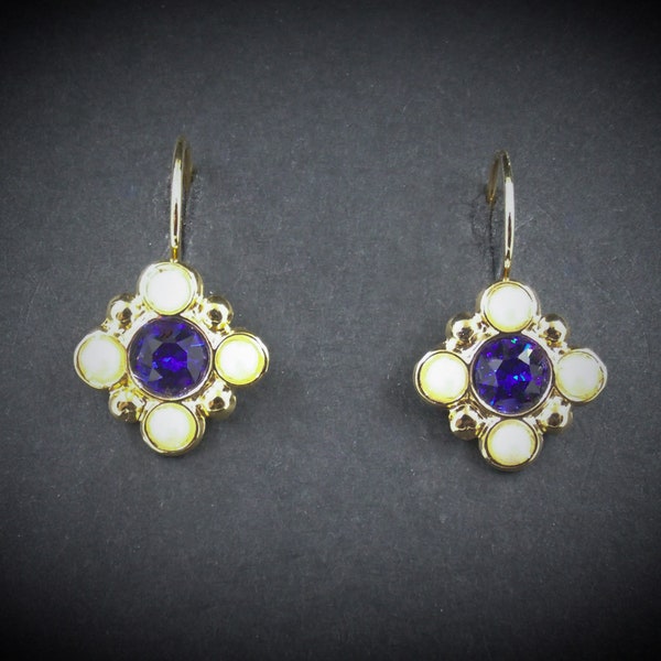 Medieval Earrings Majestic Blue White Faux Prl Yellow Gold Tudor FREE SHIPPING USA