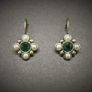 Medieval Earrings Emerald Rhinestones Faux Pearl Antiqued Brass FREE SHIPPING USA