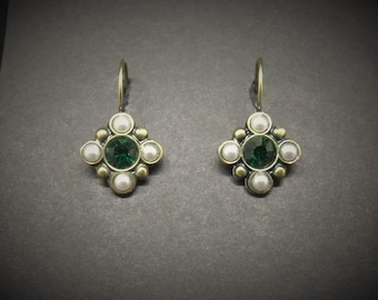 Medieval Earrings Emerald Rhinestones Faux Pearl Antiqued Brass FREE SHIPPING USA