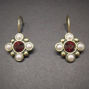 Medieval Earrings Garnet Rhinestones Faux Pearl Antiqued Brass FREE SHIPPING USA