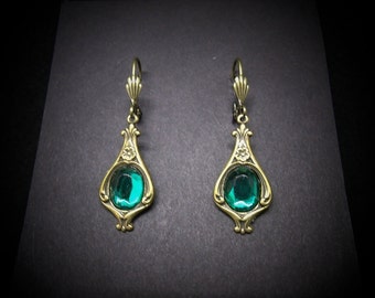 Victorian Emerald Earrings Antiqued Brass FREE SHIPPING USA