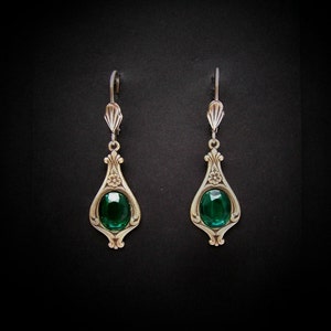 Silver Emerald Earrings Glass Cabochon Antiqued Silver Victorian FREE SHIPPING USA