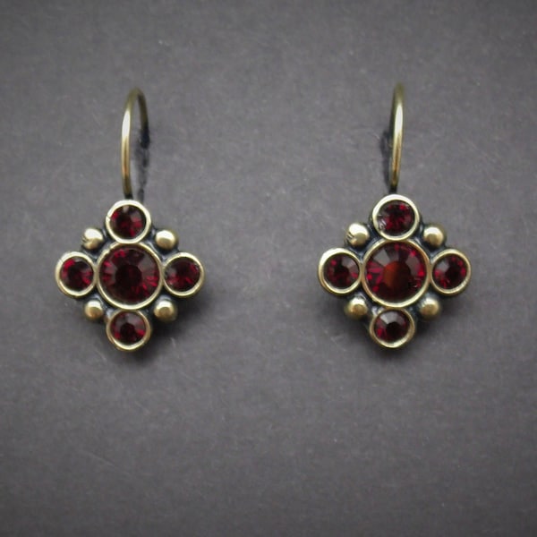 Medieval Earrings Garnet Rhinestones Antiqued Brass Renaissance FREE SHIPPING USA