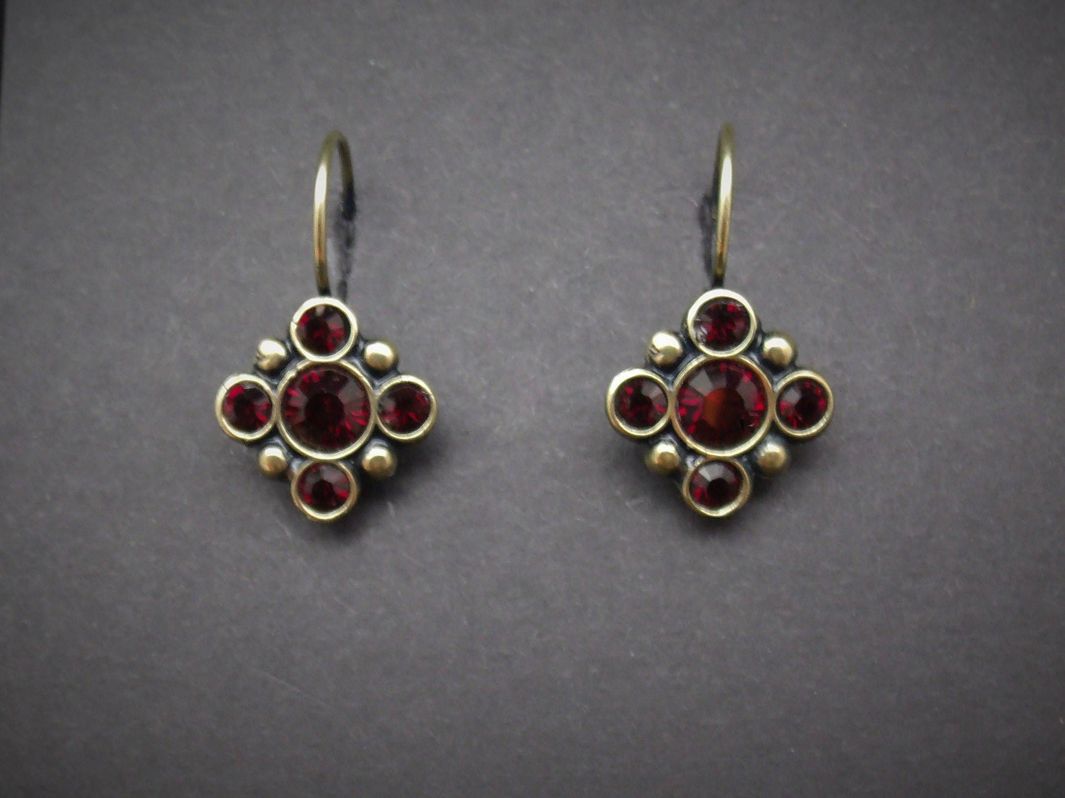 Medieval Earrings Garnet Rhinestones Antiqued Brass Renaissance FREE SHIPPING USA