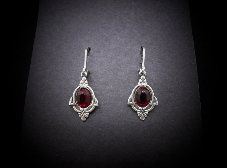 Silver Earrings Garnet Glass Art Deco 1920's Style FREE | Etsy