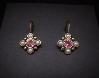 Rose Pink Earrings Faux White Pearls Medieval Renaissance Tudor FREE SHIPPING USA