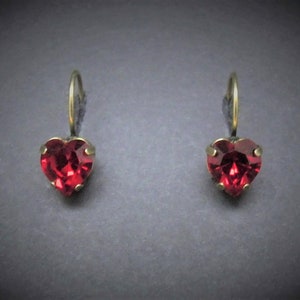 Heart Earrings Siam Red Crystals Antiqued Brass FREE SHIPPING USA