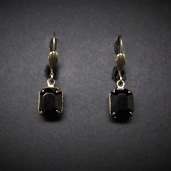 Victorian Earrings Black Faceted Glass and Antiqued Brass Lever Backs FREE SHIPPING USA