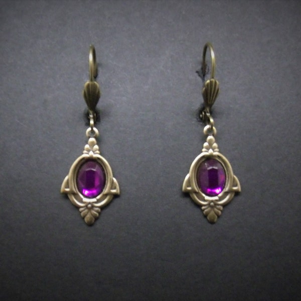 Art Deco Earrings Amethyst Acrylic Rhinestones Lever Back FREE SHIPPING USA