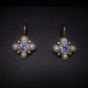 Medieval Earrings Light Sapphire White Faux Pearl Antiqued Brass FREE SHIPPING USA