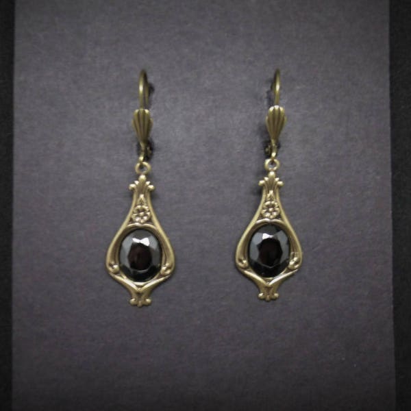 Victorian Earrings Black Hematite Glass Antiqued Brass Goth Art Nouveau FREE SHIPPING USA