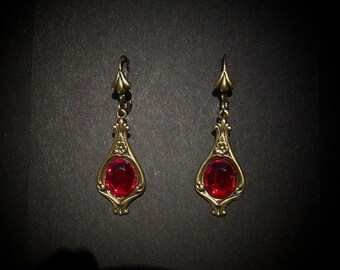 Victorian Earrings Ruby Glass Cabochons Antiqued Brass FREE SHIPPING USA