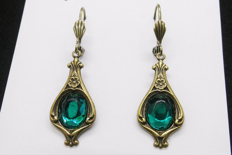 Victorian Emerald Earrings Antiqued Brass FREE SHIPPING USA - Etsy
