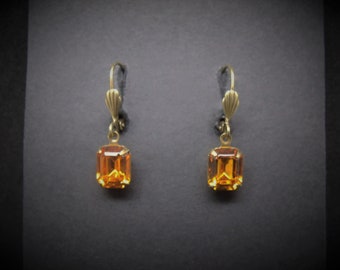Victorian Earrings Topaz Citrine Color Antiqued Brass Small Art Deco FREE SHIPPING USA