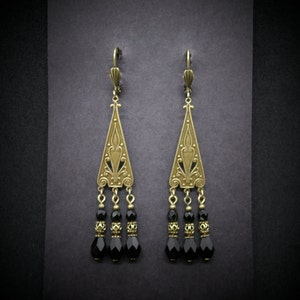 Chandelier Earrings Black Czech Beads Brass Post or Leverback FREE SHIPPING USA