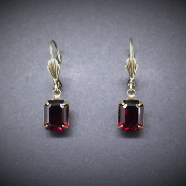 Victorian Earrings Garnet Colored Crystals Antiqued Brass Small FREE SHIPPING USA