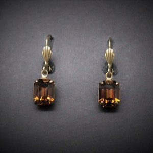 Victorian Look Earrings Smoked Topaz Faceted Antiqued Brass Small FREE SHIP USA