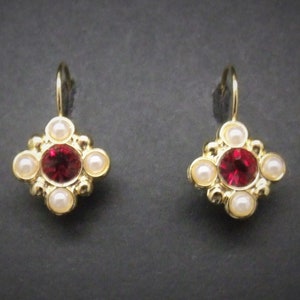 Medieval Earrings Red Rhinestones White Faux Pearl Gold Color Plating Tudor Boleyn FREE SHIP USA