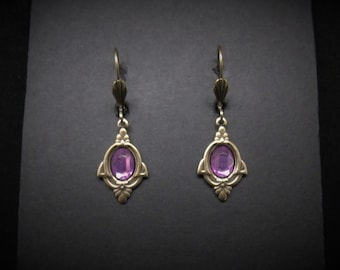 Art Deco Earrings Light Amethyst Antiqued Brass Lever Back FREE SHIPPING USA