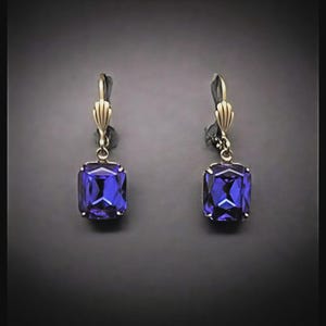 Victorian Earrings Sapphire Vintage Rhinestones Antiqued Brass Medium FREE SHIPPING USA