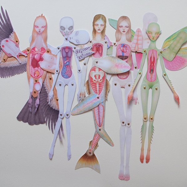 Set of 5 Paper Anatomy Dolls - Human, Mermaid, Alien, Harpy & Faerie