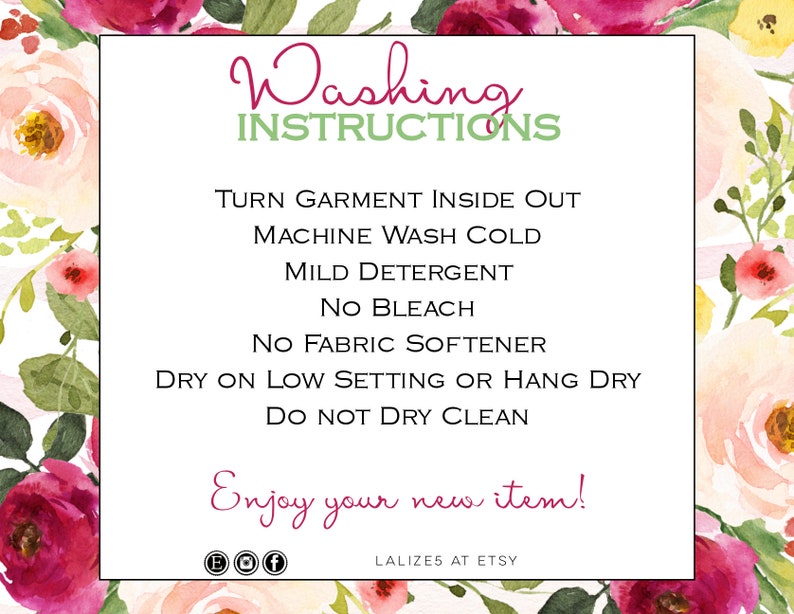 May include: Washing instructions for a garment: Turn garment inside out, machine wash cold, mild detergent, no bleach, no fabric softener, dry on low setting or hang dry, do not dry clean. Enjoy your new item! LALIZES AT ETSY