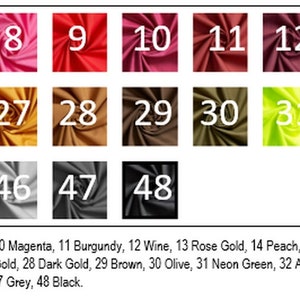 May include: A color chart with 48 fabric swatches, each numbered and labeled with a color name. The swatches are arranged in rows and columns, with the numbers increasing from left to right and top to bottom. The colors range from white to black, with shades of pink, red, orange, yellow, green, blue, and purple in between.