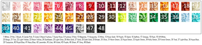May include: A color chart with 48 fabric swatches, each numbered and labeled with a color name. The swatches are arranged in rows and columns, with the numbers increasing from left to right and top to bottom. The colors range from white to black, with shades of pink, red, orange, yellow, green, blue, and purple in between.