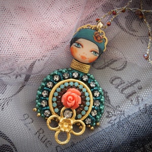 Doll face Bead Embroidery pendant, unique birthday gift for girl,baby doll  pendant with charm.
