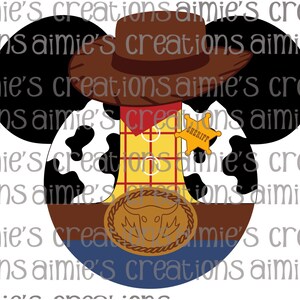 May include: A pair of black Mickey Mouse ears with a cowboy hat, a yellow and red plaid shirt, a brown belt with a silver buckle, a brown vest, and a sheriff's star badge.