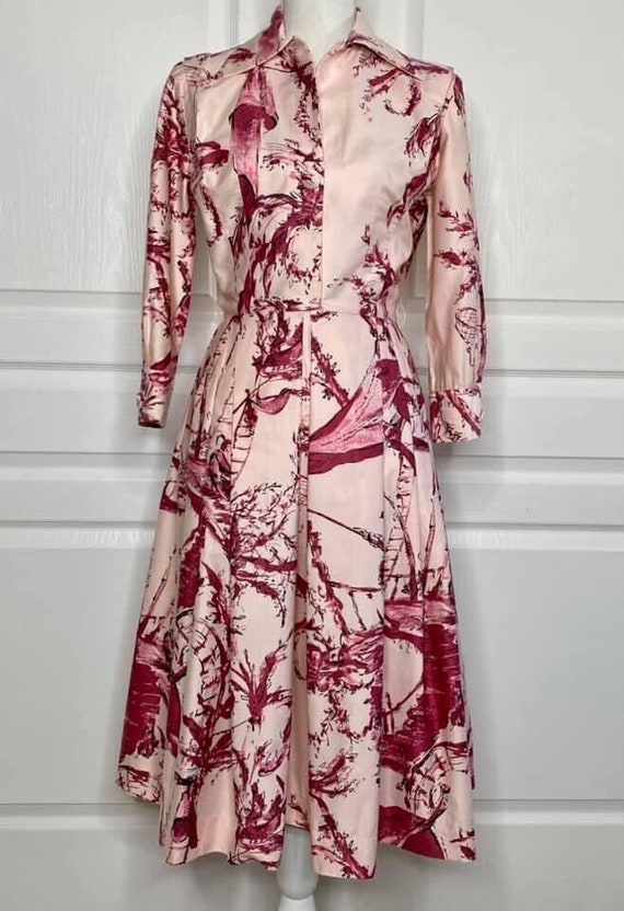1950s Novelty Print Tea Dress Vintage Pink Cotton 