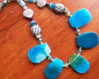 Natural Blue with Green Agate Stone Necklace - Silver Nautical Shell Turquoise Jewelry -#040