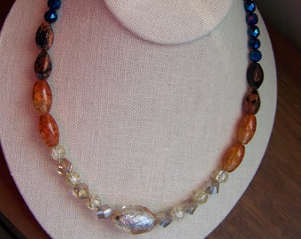 Flashy Silvery Orange to Blue Ombre Necklace Set - Warm to Cool Colors Fashion Accessories - Cobalt and Copper Crackle Glass Jewelry - #211