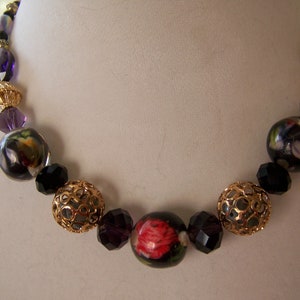 Black & Gold Floral Spanish Inspired Necklace Red Flower and Purple Botanical Gift Lavender Garden Chunky Geometric Jewelry 192 image 1