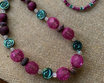 Teal and Magenta Iridescent Garden Necklace Set - Pink and Green Dressy Multi-colored Glittery Floral Jewelry- Wine Red & Bluegreen - #236