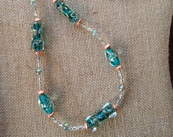 Bluegreen Silver Rose Gold Glass Lampwork Necklace - Dressy Saint Patrick's Day Necklace Beaded -  Office to evening Green Gift for Her-#159