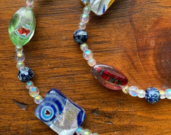 Multicolored Millefiore Glass Necklace Long-Colorful Silver Foil Shell Necklace-Iridescent Glass Jewelry -Geometric Beaded Necklace -#224