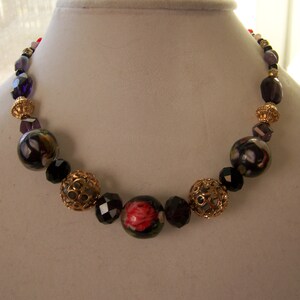 Black & Gold Floral Spanish Inspired Necklace Red Flower and Purple Botanical Gift Lavender Garden Chunky Geometric Jewelry 192 image 3