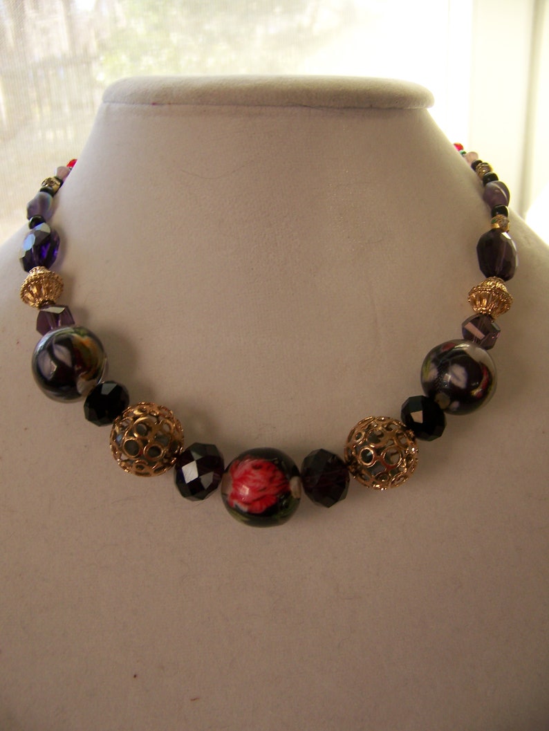 Black & Gold Floral Spanish Inspired Necklace Red Flower and Purple Botanical Gift Lavender Garden Chunky Geometric Jewelry 192 image 3
