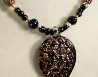 Black & Glittery Copper Leaf Pendant Necklace Set, Dressy Rose Gold Beaded Necklace, Glass Nature Necklace Plants, Paisley Pendant Set,#222