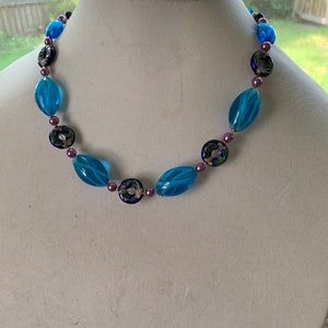 Blue Glass Striped Oblongs & Cobalt Floral Wreaths with Gold Trim NecklaceMauve Pink Flowerd Botanical Jewelry Chunky-Wearable Art231a image 2