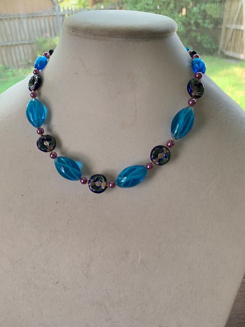 Blue Glass Striped Oblongs & Cobalt Floral Wreaths with Gold Trim NecklaceMauve Pink Flowerd Botanical Jewelry Chunky-Wearable Art231a image 2