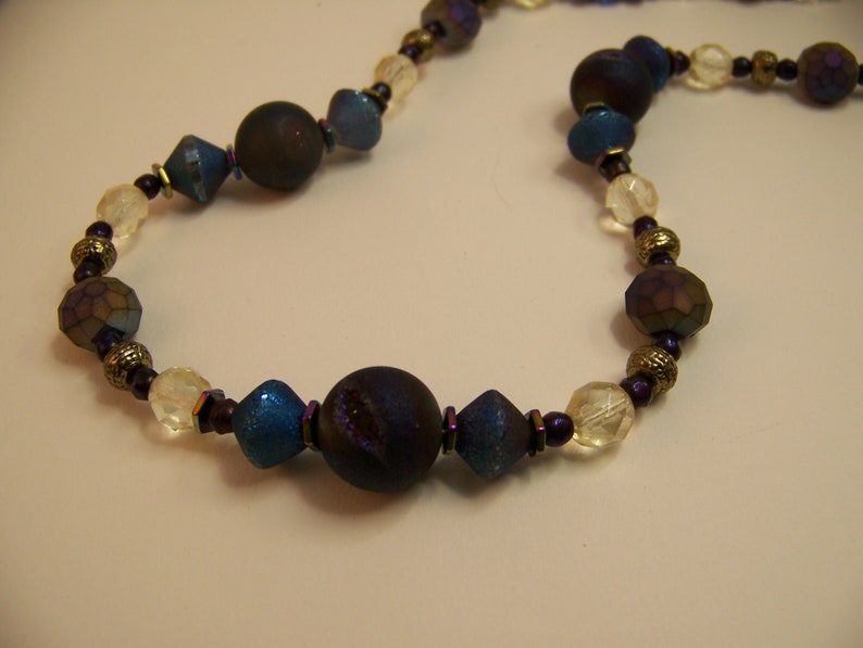 Purple Blue Gold and Brass Natural Stone Beaded Necklace Casual Druzy Chunky Geode Geometric Jewelry Iridescent Gold Gray Hematite 118 image 3