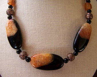 Black and Orange Agate Necklace Set Elegant - Halloween Necklace Stone - Autumn Stone Evening Wear Modern - Woman's Fall Beaded Jewelry-#208