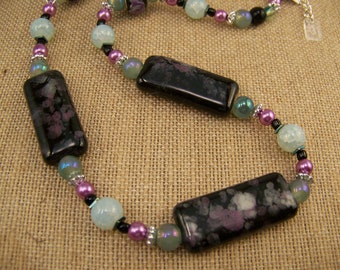 Floral Necklace Set Black and Green - Geometric Jewelry Set Pink and White - Professional Jewelry Mauve and Green - Gift for Her- #170