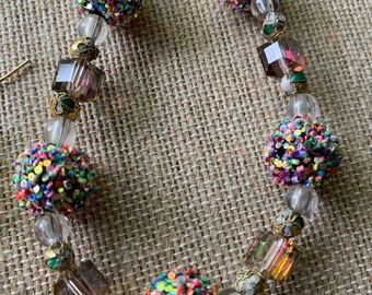 Rainbow Confetti Glitter Balls Beaded Necklace and Earrings Set - Pink Dressy Gift for Women - Sparkling Colorful Geometric Party Bling-#237