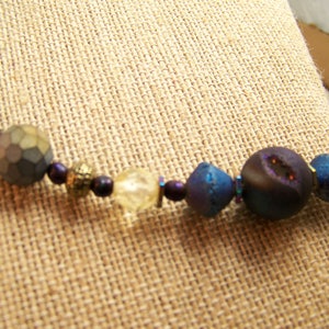 Purple Blue Gold and Brass Natural Stone Beaded Necklace Casual Druzy Chunky Geode Geometric Jewelry Iridescent Gold Gray Hematite 118 image 9