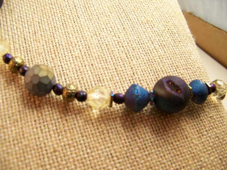 Purple Blue Gold and Brass Natural Stone Beaded Necklace Casual Druzy Chunky Geode Geometric Jewelry Iridescent Gold Gray Hematite 118 image 9