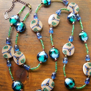 Long Chunky Peacock Feather Wrap Necklace  - Green and Periwinkle Blue Jewelry - Whimsical Dressy Gift for Her - From Office to Evening-#197