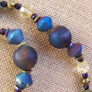 Purple Blue Gold and Brass Natural Stone Beaded Necklace Casual Druzy Chunky Geode Geometric Jewelry Iridescent Gold Gray Hematite 118 image 8